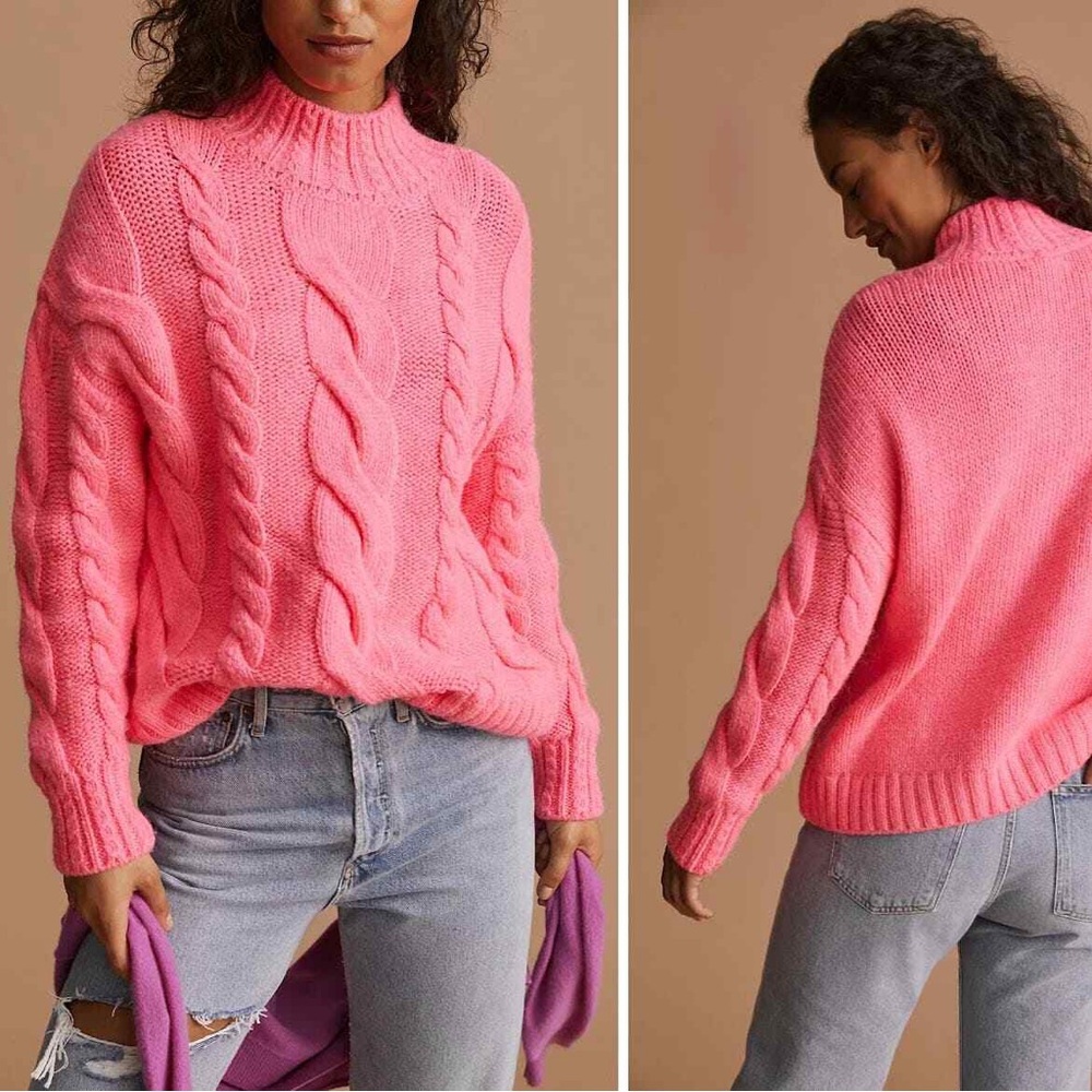 NWT Anthropologie XL cable knit wool blend sweater in hot pink
